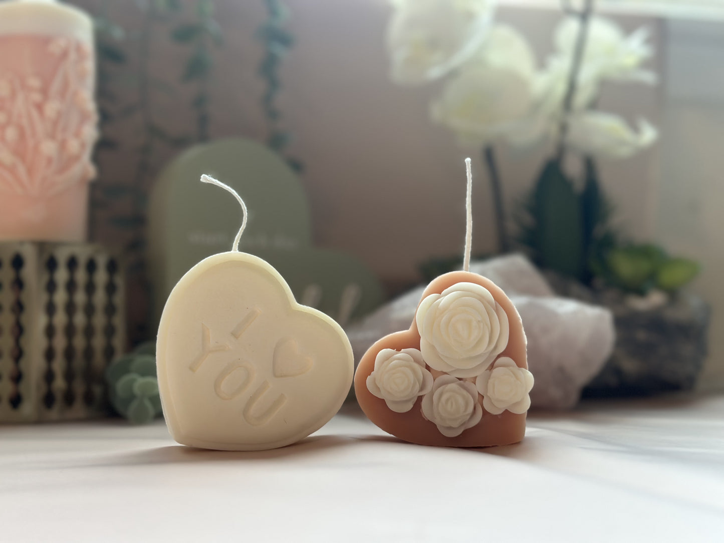 Valentines Heart Candle, 2 Floral Candle/"I Love You"/Holding Hands, Home Decor, Love Candle, White Beeswax Candle