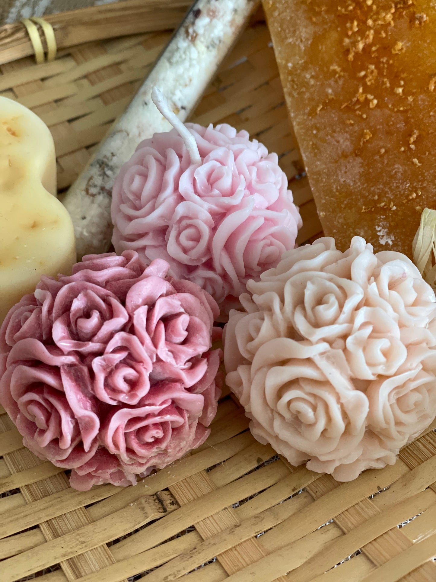 Round Floral Rose Candle, Decorative Candle, Natural Soy & White Beeswax Blend, Rose Pillar Candle