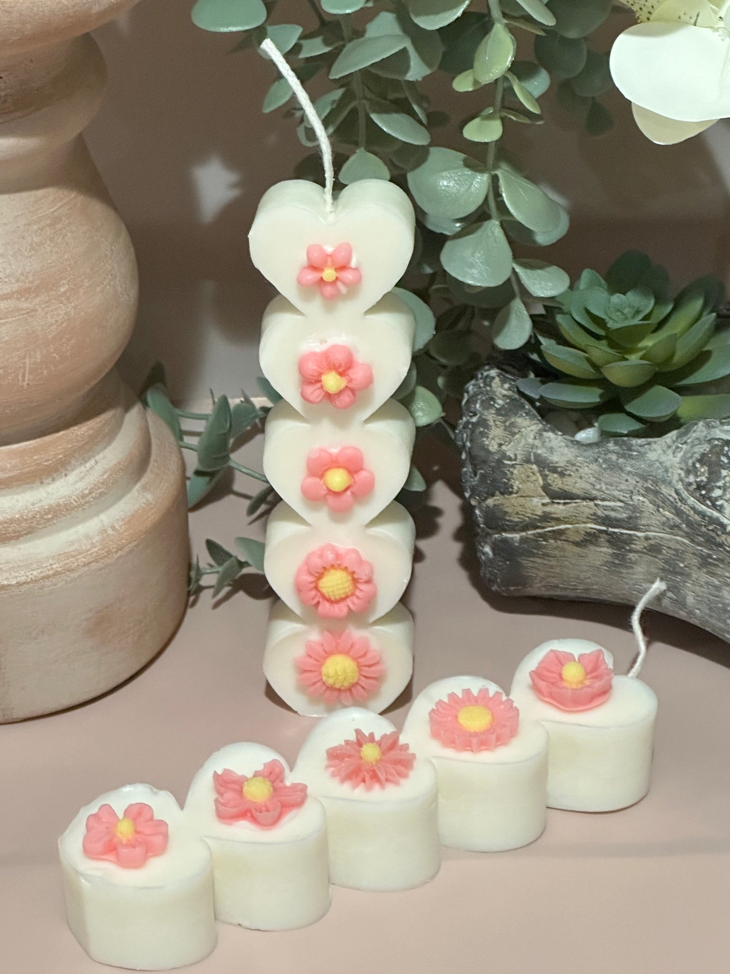Stack of Hearts Candle, Floral Heart Candle, Home Decor, Love Candle, White Beeswax Candle