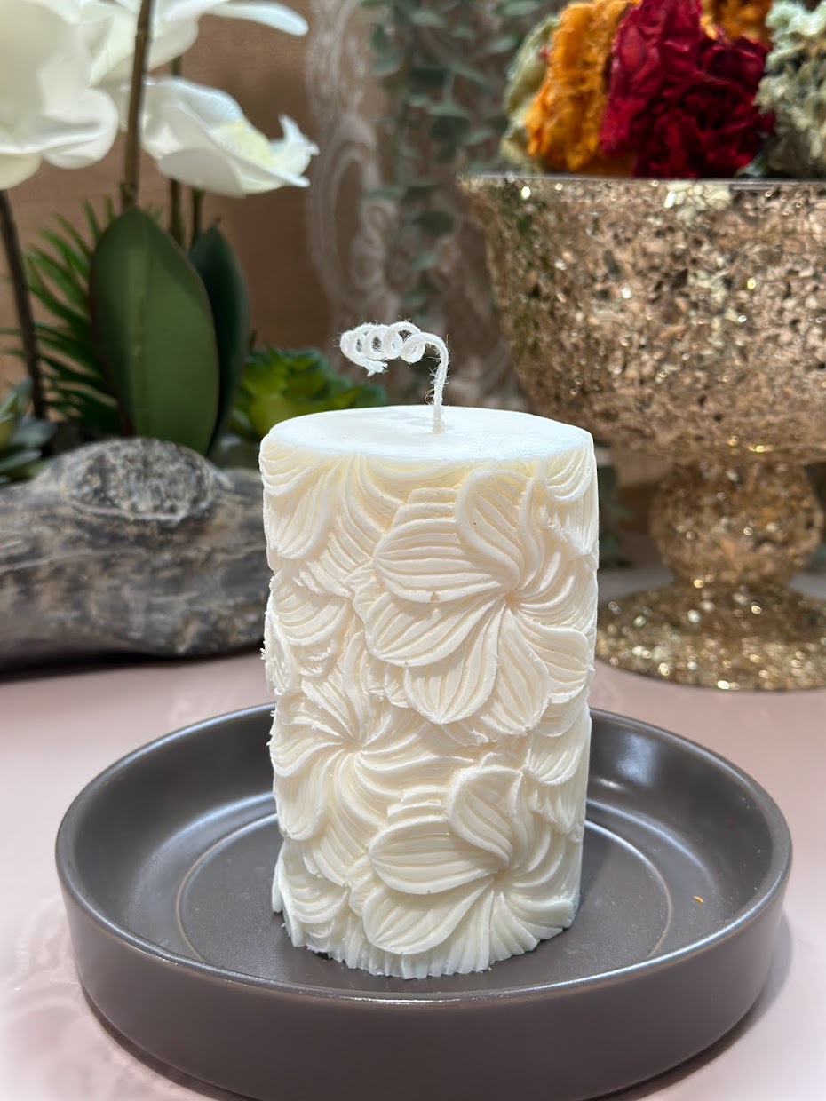 Floral Candle, Decorative Candle, Natural Soy & White Beeswax Blend, Floral Pillar Candle