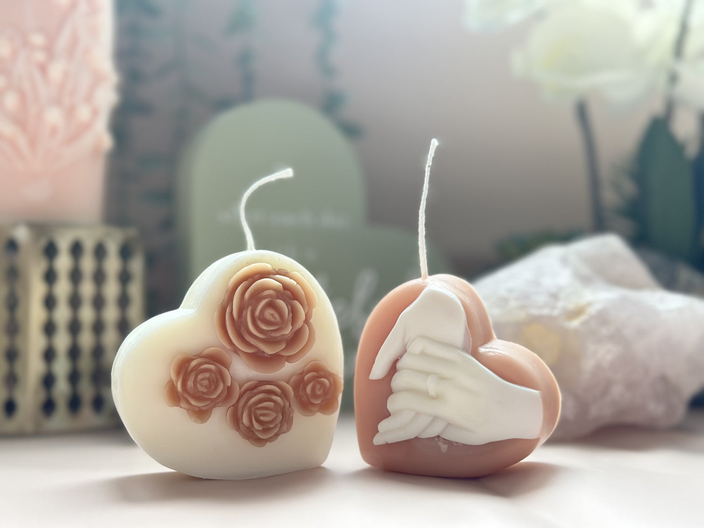 Valentines Heart Candle, 2 Floral Candle/"I Love You"/Holding Hands, Home Decor, Love Candle, White Beeswax Candle