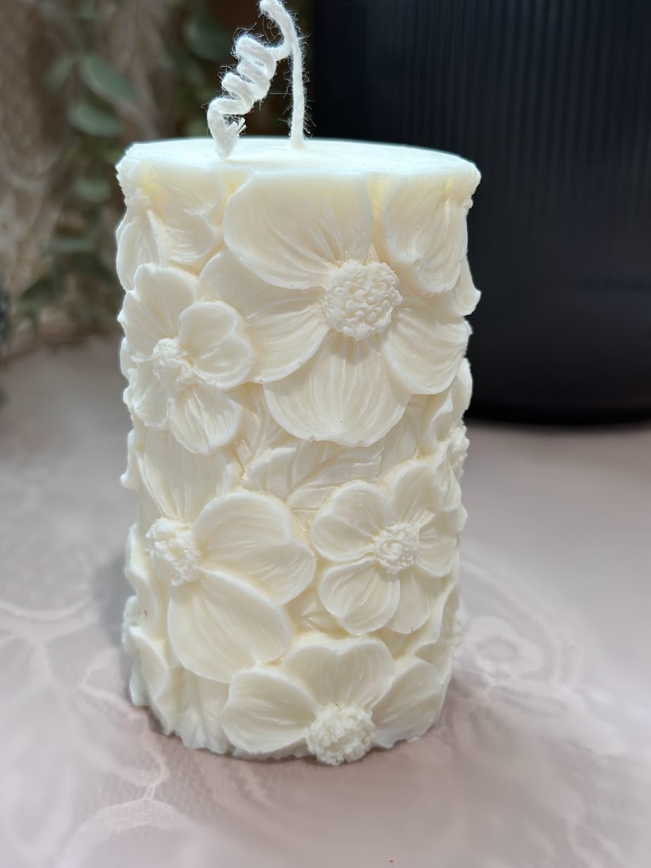 Floral Rose Candle, Decorative Candle, Natural Soy & White Beeswax Blend, Rose Pillar Candle