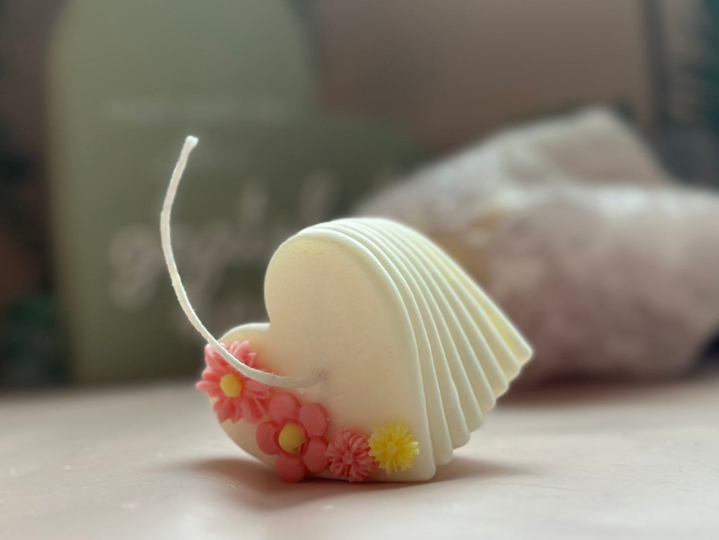Harmonium Heart Candle, Floral Heart Candle, Home Decor, Love Candle, White Beeswax Candle