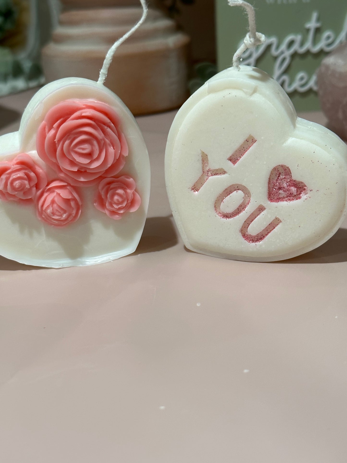 Valentines Heart Candle, 2 "I Love You" Candle/Floral Heart Candle, Home Decor, Love Candle, White Beeswax Candle