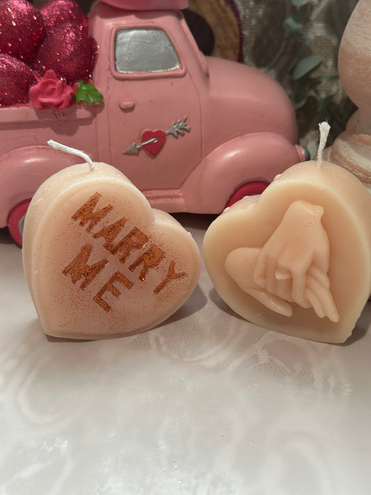 Valentines Heart Candle, 2 "Marry Me" Candle/Holding Hands Heart Candle, Home Decor, Love Candle, White Beeswax Candle